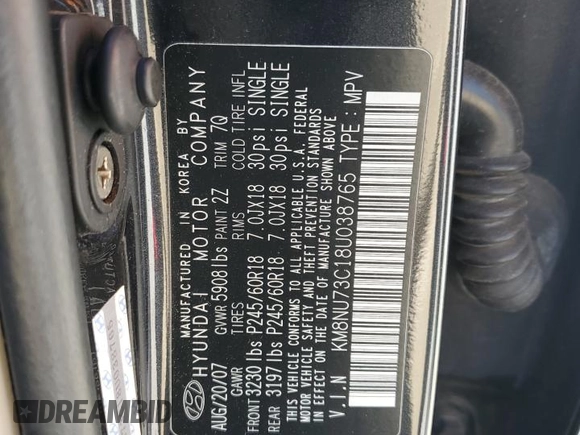 2008 Hyundai Veracruz GLS с VIN KM8NU73C18U038765, выставлен на аукционе Copart как лот 46310345 с пробегом 152 694 миль миль и Списание • Salvage title. История ставок и продаж доступна на DreamBid. Изображение 13.