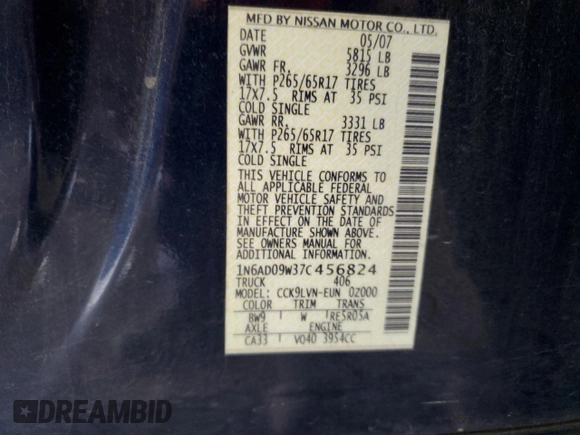 2007 Nissan Frontier SE with VIN 1N6AD09W37C456824, listed as a Copart auction lot 56736315 with 193,247 mi miles and Salvage title. Bid and sale history available at DreamBid. Image 13.