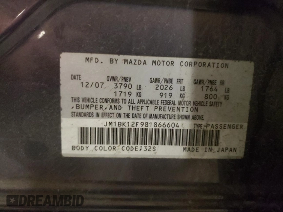 2008 Mazda 3 Sport with VIN JM1BK12F981866604, listed as a Copart auction lot 55243085 with 204,494 mi miles and Salvage Title. Bid and sale history available at DreamBid. Image 12.