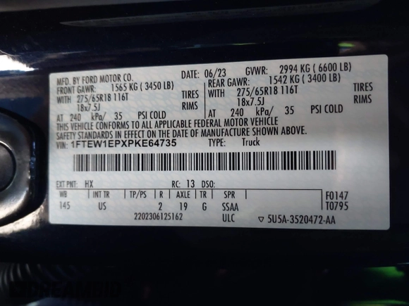 2023 Ford F-150 XL с VIN 1FTEW1EPXPKE64735, выставлен на аукционе IAAI как лот 42060985 с пробегом 18 974 миль миль и . История ставок и продаж доступна на DreamBid. Изображение 9.