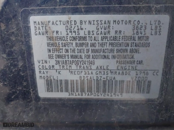 2016 Nissan Sentra SR with VIN 3N1AB7AP0GY241949, listed as a IAAI auction lot 41781514 with 197,163 mi miles. Bid and sale history available at carsss.com. Image 9.