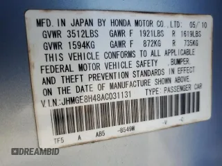 2010 Honda Fit Sport with VIN JHMGE8H48AC031131, listed as a Copart auction lot 54396705 with 89,902 mi miles and Salvage Title. Bid and sale history available at carsss.com. Image 12.