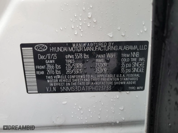 2023 Hyundai Santa Fe Hybrid SEL Premium with VIN 5NMS3DA11PH023733, listed as a Copart auction lot 45400575 with 3,249 mi miles and Salvage Title. Bid and sale history available at carsss.com. Image 15.