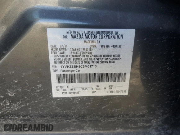2012 Mazda 6 i Sport with VIN 1YVHZ8BH8C5M01713, listed as a Copart auction lot 41476455 with 164,435 mi miles and Salvage title. Bid and sale history available at DreamBid. Image 12.