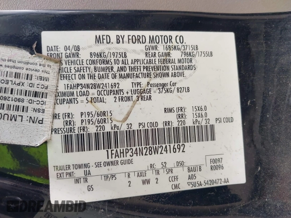 2008 Ford Focus S with VIN 1FAHP34N28W241692, listed as a IAAI auction lot 41931511 with 110,355 mi miles. Bid and sale history available at carsss.com. Image 9.