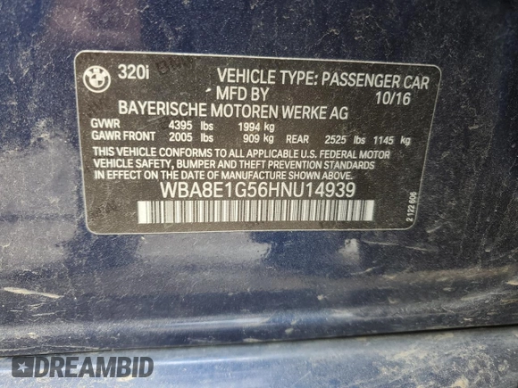 2017 BMW 3 Series 320i with VIN WBA8E1G56HNU14939, listed as a Copart auction lot 49127865 with 131,175 mi miles and Clean Title. Bid and sale history available at carsss.com. Image 12.