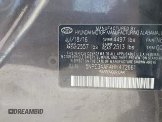 2017 Hyundai Sonata Sport with VIN 5NPE34AF4HH472661, listed as a IAAI auction lot 39608418 with Not Provided miles. Bid and sale history available at carsss.com. Image 9.