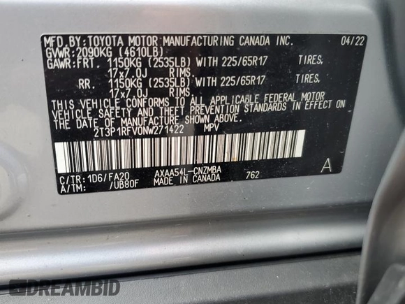 2022 Toyota RAV4 XLE with VIN 2T3P1RFV0NW271422, listed as a Copart auction lot 62839795 with Not provided miles and Salvage title. Bid and sale history available at DreamBid. Image 13.