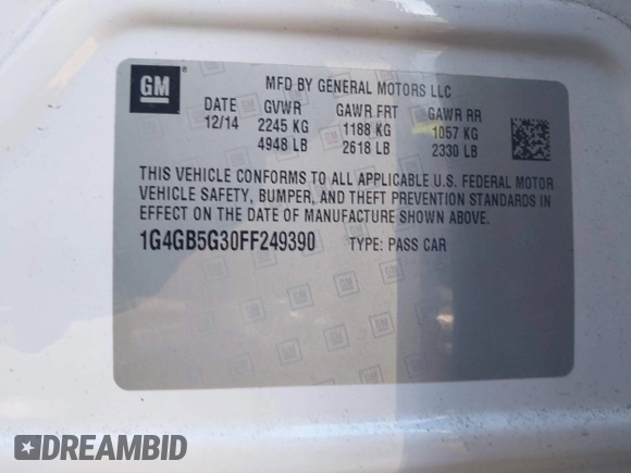 2015 Buick LaCrosse Leather with VIN 1G4GB5G30FF249390, listed as a IAAI auction lot 41613695 with 111,418 mi miles. Bid and sale history available at carsss.com. Image 9.