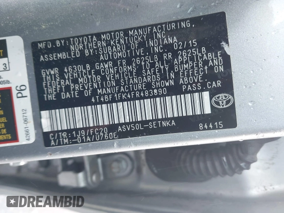2015 Toyota Camry XLE with VIN 4T4BF1FK4FR483890, listed as a IAAI auction lot 42088503 with 189,058 mi miles and . Bid and sale history available at DreamBid. Image 9.