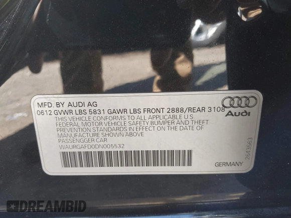 2013 Audi A8 3.0L with VIN WAURGAFD0DN005532, listed as a IAAI auction lot 42113540 with 176,635 mi miles and . Bid and sale history available at DreamBid. Image 9.