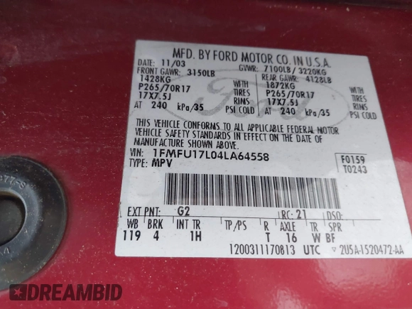 2004 Ford Expedition Eddie Bauer with VIN 1FMFU17L04LA64558, listed as a IAAI auction lot 42558299 with Not provided miles and . Bid and sale history available at DreamBid. Image 9.