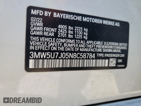 2022 BMW 3 Series M340i with VIN 3MW5U7J05N8C58784, listed as a Copart auction lot 82155364 with 23,376 mi miles and Salvage Title. Bid and sale history available at carsss.com. Image 15.