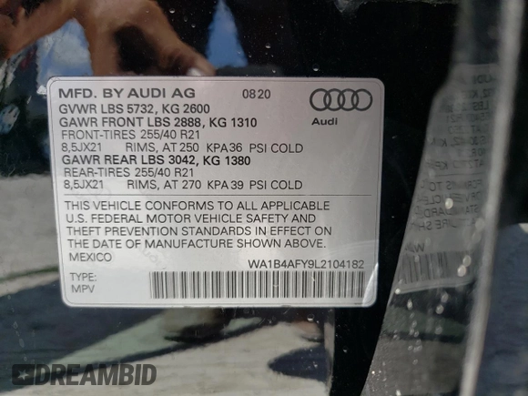 2020 Audi SQ5 Premium Plus with VIN WA1B4AFY9L2104182, listed as a Copart auction lot 57980934 with 41,951 mi miles and Salvage Title. Bid and sale history available at DreamBid. Image 12.