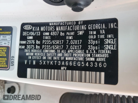 2014 Kia Sorento LX with VIN 5XYKT3A66EG543360, listed as a Copart auction lot 53650595 with 133,330 mi miles and Salvage Title. Bid and sale history available at carsss.com. Image 13.