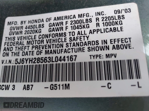 2003 Honda Element EX with VIN 5J6YH28563L044167, listed as a IAAI auction lot 42115847 with 206,937 mi miles and . Bid and sale history available at DreamBid. Image 9.