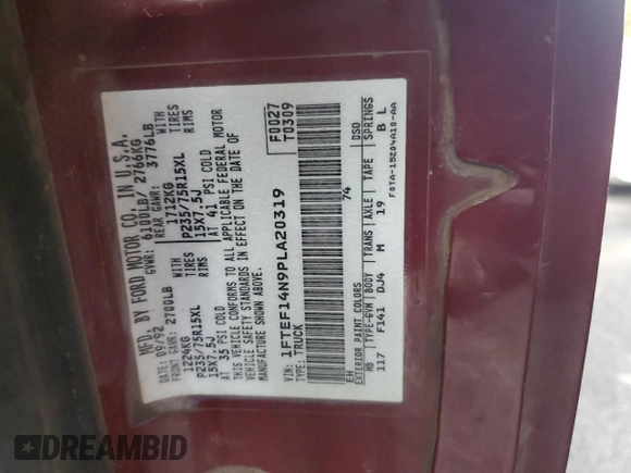 1993 Ford F-150 with VIN 1FTEF14N9PLA20319, listed as a Copart auction lot 76608774 with Not Provided miles and Salvage Title. Bid and sale history available at DreamBid. Image 12.