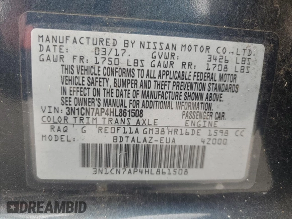 2017 Nissan Versa S Plus z VIN 3N1CN7AP4HL861508, wystawiony jako Copart lot #58478245 z przebiegiem 64 775 mil mil oraz Szkoda całkowita • Salvage title. Historia ofert i sprzedaży dostępna na DreamBid. Obrazek 12.