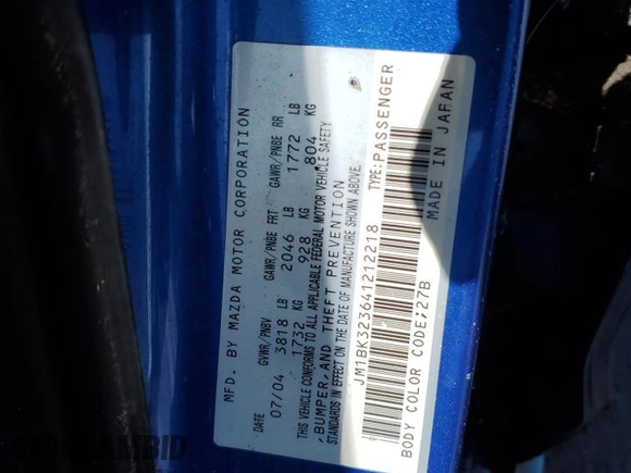 2004 Mazda 3 s with VIN JM1BK323641212218, listed as a Copart auction lot 75604434 with Not Provided miles and Salvage Title. Bid and sale history available at DreamBid. Image 12.