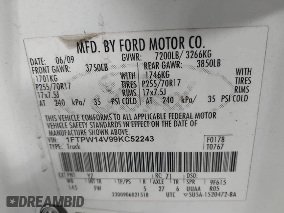 2009 Ford F-150 XL with VIN 1FTPW14V99KC52243, listed as a IAAI auction lot 41500479 with 186,304 mi miles and . Bid and sale history available at DreamBid. Image 9.