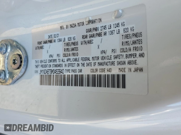 2021 Mazda MX-5 Miata Sport with VIN JM1NDAB79M0453940, listed as a Copart auction lot 85842094 with 29,159 mi miles and Salvage title. Bid and sale history available at DreamBid. Image 16.
