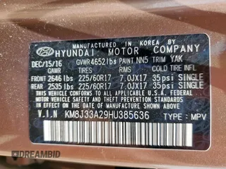 2017 Hyundai Tucson Sport with VIN KM8J33A29HU385636, listed as a Copart auction lot 58720035 with 137,120 mi miles and Clean title. Bid and sale history available at DreamBid. Image 12.