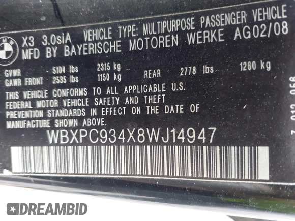 2008 BMW X3 3.0si with VIN WBXPC934X8WJ14947, listed as a IAAI auction lot 41966135 with Not Provided miles and . Bid and sale history available at DreamBid. Image 9.