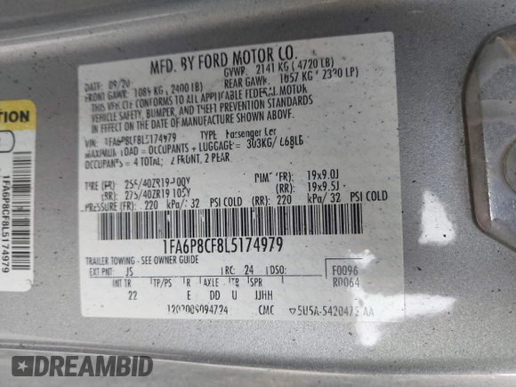 2020 Ford Mustang GT with VIN 1FA6P8CF8L5174979, listed as a IAAI auction lot 41798920 with 59,558 mi miles and . Bid and sale history available at DreamBid. Image 9.