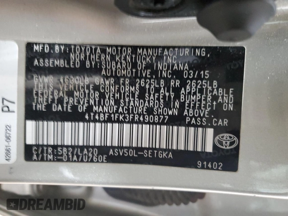2015 Toyota Camry XLE with VIN 4T4BF1FK3FR490877, listed as a Copart auction lot 53581385 with 76,286 mi miles and Salvage Title. Bid and sale history available at carsss.com. Image 14.