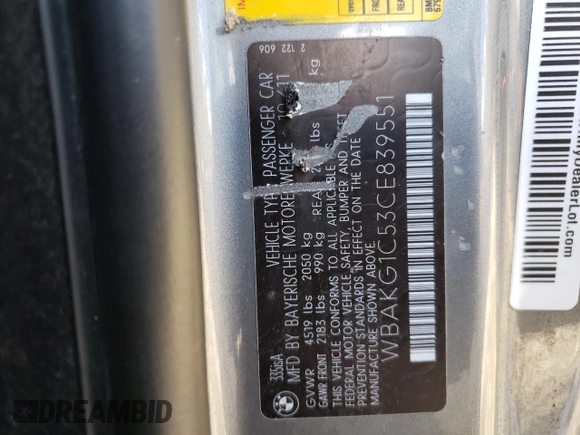2012 BMW 3 Series 335is with VIN WBAKG1C53CE839551, listed as a Copart auction lot 53141095 with Not provided miles and Salvage title. Bid and sale history available at DreamBid. Image 12.