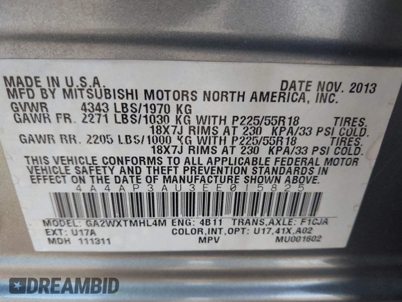 2014 Mitsubishi Outlander Sport ES with VIN 4A4AP3AU3EE015825, listed as a IAAI auction lot 42059251 with 153,102 mi miles. Bid and sale history available at carsss.com. Image 9.