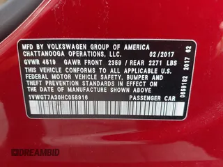 2017 Volkswagen Passat SE with VIN 1VWGT7A30HC058916, listed as a IAAI auction lot 42450554 with 82,960 mi miles and . Bid and sale history available at DreamBid. Image 9.