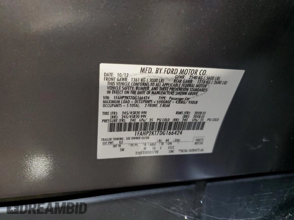 2013 Ford Taurus SHO with VIN 1FAHP2KT7DG166424, listed as a Copart auction lot 84826714 with Not provided miles and Salvage title. Bid and sale history available at DreamBid. Image 12.