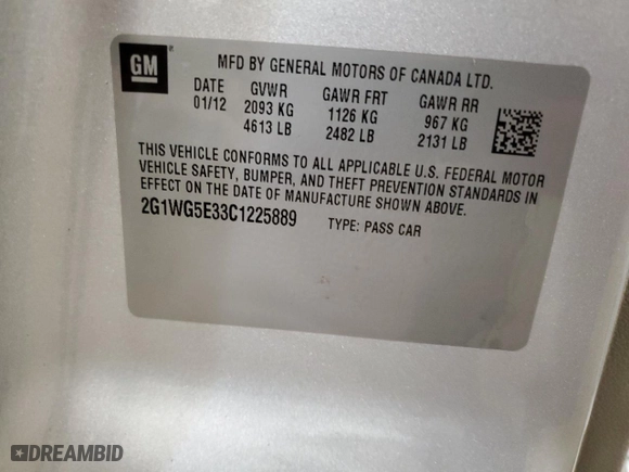 2012 Chevrolet Impala LT Fleet with VIN 2G1WG5E33C1225889, listed as a Copart auction lot 49155805 with 0 mi miles and Salvage Title. Bid and sale history available at carsss.com. Image 13.