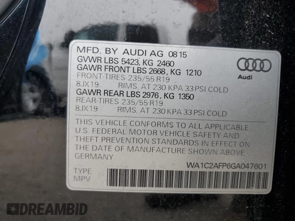 2016 Audi Q5 Premium z VIN WA1C2AFP6GA047601, wystawiony jako Copart lot #61094265 z przebiegiem 90 761 mil mil oraz Szkoda całkowita • Salvage title. Historia ofert i sprzedaży dostępna na DreamBid. Obrazek 13.
