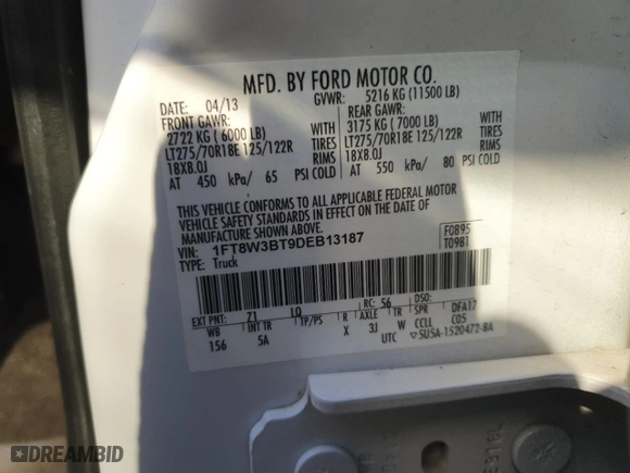 2013 Ford Super Duty F-350 SRW Platinum with VIN 1FT8W3BT9DEB13187, listed as a Copart auction lot 42253055 with 107,117 mi miles and Salvage Title. Bid and sale history available at carsss.com. Image 14.