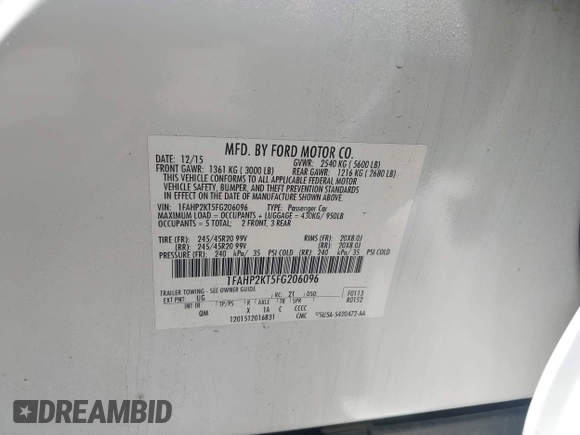 2015 Ford Taurus SHO with VIN 1FAHP2KT5FG206096, listed as a IAAI auction lot 42486198 with 120,940 mi miles and . Bid and sale history available at DreamBid. Image 9.