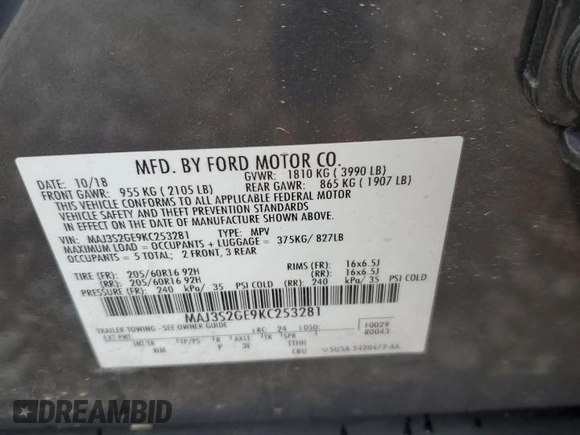 2019 Ford EcoSport SE with VIN MAJ3S2GE9KC253281, listed as a Copart auction lot 52141625 with 87,151 mi miles and Salvage Title. Bid and sale history available at DreamBid. Image 14.