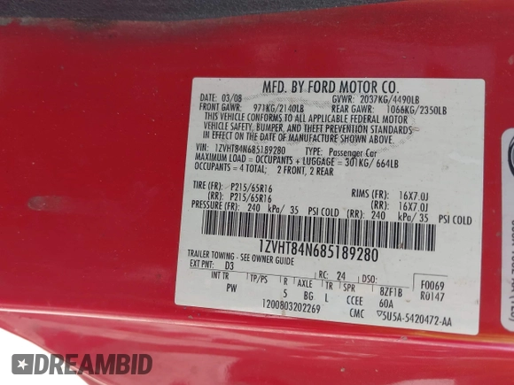 2008 Ford Mustang Deluxe with VIN 1ZVHT84N685189280, listed as a IAAI auction lot 42054118 with Not provided miles and . Bid and sale history available at DreamBid. Image 9.