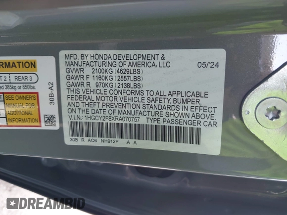 2024 Honda Accord Touring with VIN 1HGCY2F8XRA070757, listed as a IAAI auction lot 42181104 with 12,326 mi miles and . Bid and sale history available at DreamBid. Image 9.