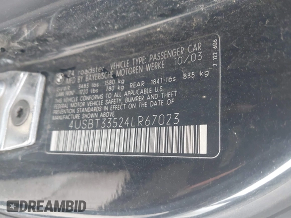 2004 BMW Z4 2.5i with VIN 4USBT33524LR67023, listed as a IAAI auction lot 41610200 with 100,307 mi miles and . Bid and sale history available at DreamBid. Image 9.