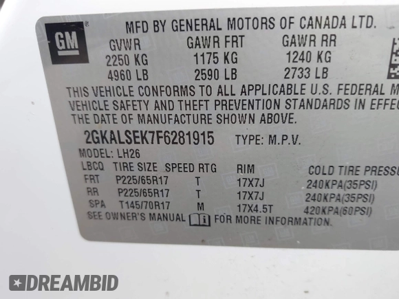 2015 GMC Terrain SLT with VIN 2GKALSEK7F6281915, listed as a IAAI auction lot 42226281 with 147,795 mi miles and . Bid and sale history available at DreamBid. Image 9.