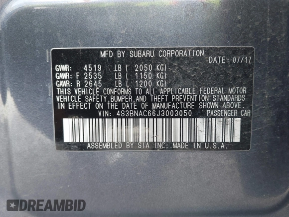 2018 Subaru Legacy Premium with VIN 4S3BNAC66J3003050, listed as a IAAI auction lot 42195022 with 87,615 mi miles and . Bid and sale history available at DreamBid. Image 9.