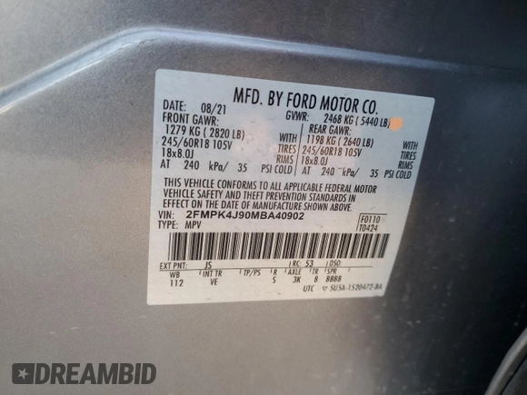 2021 Ford Edge SEL with VIN 2FMPK4J90MBA40902, listed as a Copart auction lot 52501675 with 24,520 mi miles and Salvage Title. Bid and sale history available at carsss.com. Image 12.