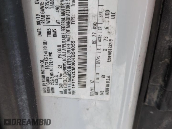 2019 Ford Transit with VIN 1FTYR2CM0KKB54055, listed as a Copart auction lot 60901775 with 136,166 mi miles and Clean title. Bid and sale history available at DreamBid. Image 12.