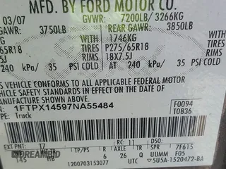 2007 Ford F-150 XLT with VIN 1FTPX14597NA55484, listed as a IAAI auction lot 42094668 with 217,589 mi miles and . Bid and sale history available at DreamBid. Image 9.