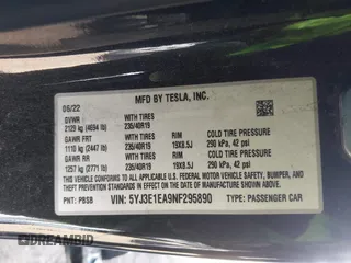 2022 Tesla Model 3 with VIN 5YJ3E1EA9NF295890, listed as a IAAI auction lot 41175917 with 42,230 mi miles and . Bid and sale history available at DreamBid. Image 9.