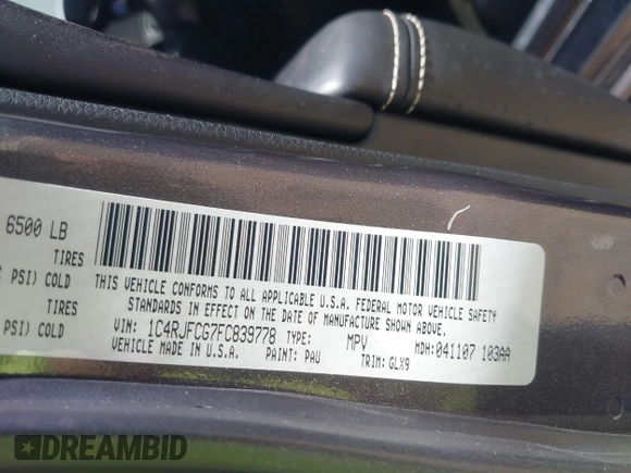 2015 Jeep Grand Cherokee Overland with VIN 1C4RJFCG7FC839778, listed as a IAAI auction lot 42490111 with 160,040 mi miles and . Bid and sale history available at DreamBid. Image 9.