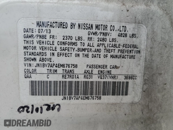 2014 Infiniti Q50 Premium with VIN JN1BV7AP4EM676758, listed as a Copart auction lot 58843275 with 138,404 mi miles and Salvage title. Bid and sale history available at DreamBid. Image 12.