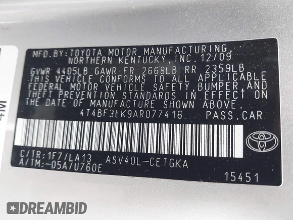 2010 Toyota Camry with VIN 4T4BF3EK9AR077416, listed as a IAAI auction lot 42008649 with 41,499 mi miles and . Bid and sale history available at DreamBid. Image 9.